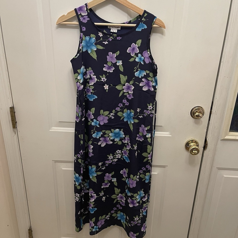 Vintage 90s My Michelle Girls Size 16 Midi Dress Floral Print Navy Blue Purple‎